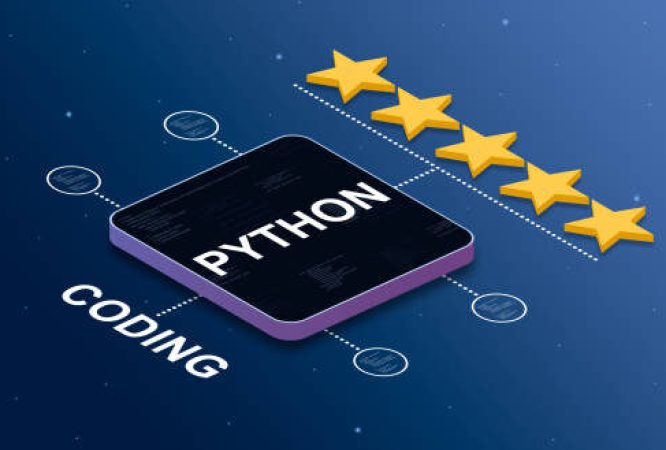 Programming language python with a 5-star rating and code elemmets badges 3d