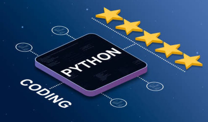 Programming language python with a 5-star rating and code elemmets badges 3d